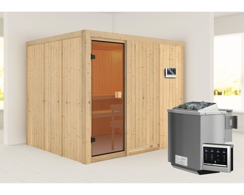 Elementsauna Karibu Nybro inkl. 9 kW Bio Ofen u.ext.Steuerung ohne Dachkranz mit bronzierter Ganzglastüre