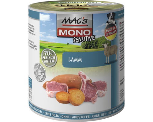 Hundefutter nass MAC's Sensitive Lamm (100%) und Hirse 800 g