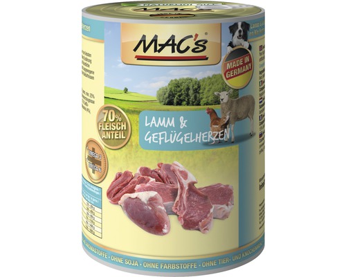 Hundefutter nass MAC's Lamm und Geflügelherzen 400 g