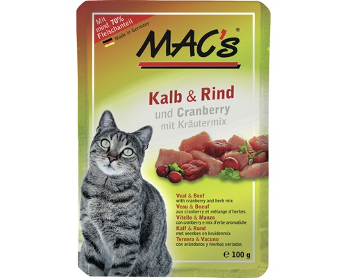 Katzenfutter nass MAC's Pouch Pack Kalb und Rind 100 g