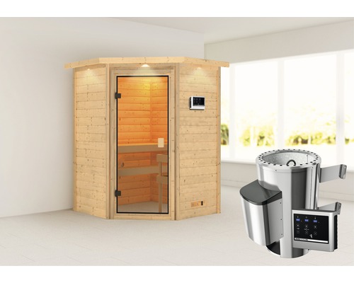 Plug & Play Sauna Karibu Antonia inkl.3,6kW Ofen u.ext.Steuerung mit Dachkranz und bronzierter Ganzglastüre