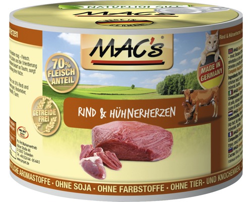 Katzenfutter nass MAC's Rind und Hühnerherzen 200 g
