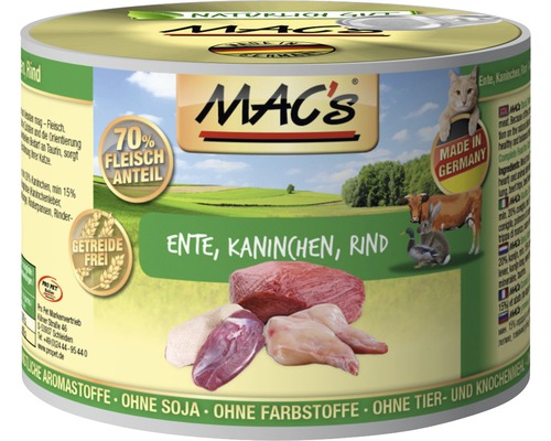 Katzenfutter nass MAC's Ente, Kaninchen und Rind 200 g