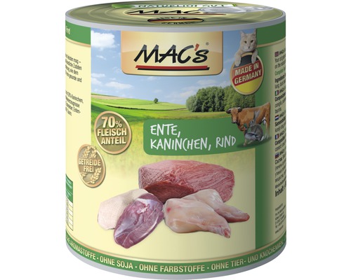 Katzenfutter nass MAC's Ente, Kaninchen und Rind 800 g-0