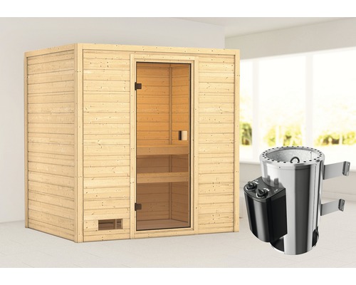 Plug & Play Sauna Karibu Selena inkl.3,6 kW Ofen u.integr.Steuerung ohne Dachkranz mit bronzierter Ganzglastüre-0
