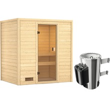 Plug & Play Sauna Karibu Selena inkl.3,6 kW Ofen u.integr.Steuerung ohne Dachkranz mit bronzierter Ganzglastüre-thumb-2