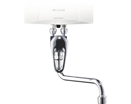 Clage Logo und elektronischer Durchlauferhitzer mit Armatur