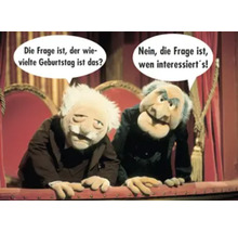 Zwei Puppenfiguren mit Sprechblasen, die sich über das Alter unterhalten.