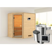 Holzsauna mit Glastür, Saunasteuerung und Saunaofen