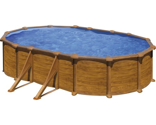 Aufstellpool Stahlwandpool-Set Gre oval 527x500x132 cm inkl. Sandfilteranlage, Skimmer, Leiter, Filtersand, Anschlussschlauch & Bodenschutzvlies Holzoptik