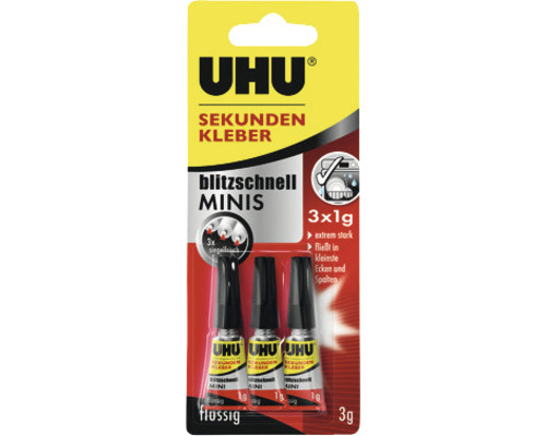 UHU Sekundenkleber blitzschnell Minis Blister 3 x 1 g Uhu Sekundenkleber Minis, 3 mal 1 Gramm, flüssig, im Blisterpack