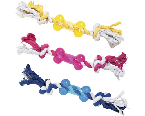 Drei Seilspielzeuge für Hunde mit Knochen aus Kunststoff