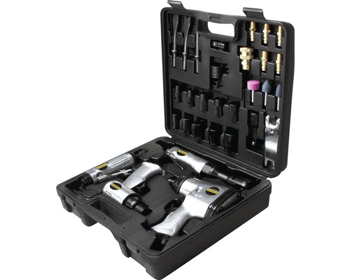 Stanley Logo Pneumatikwerkzeugsatz mit verschiedenen Werkzeugen und Zubehör in einem schwarzen Kunststoffkoffer