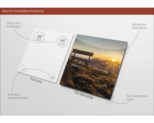 Glasbild Produktbeschreibung: Vorder- und Rückseite mit Aufhängung und Abstandshalter