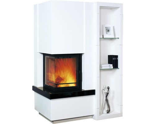 Kaminbausatz Hark Easy 500 mit Regal Granit naturschwarz 8 kW Kamin mit Regal und brennendem Feuer