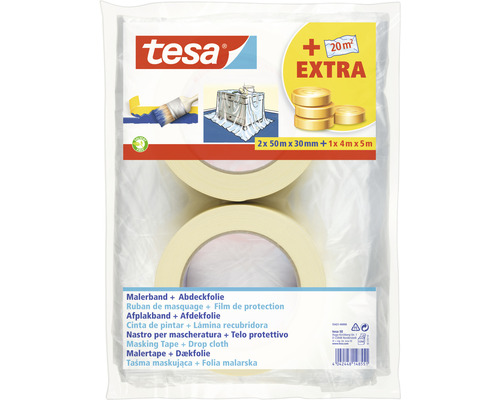 Tesa Abdeckset Malerband 2x 50 m x 30 mm+ Abdeckfolie 4 m x 5 m Tesa Malerkrepp und Abdeckfolie Set