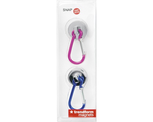 Zwei Magnete mit Karabinerhaken in Verpackung