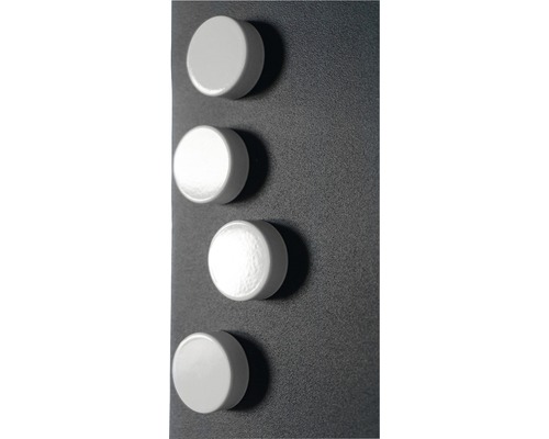 Vier runde Magnete auf einer Oberfläche