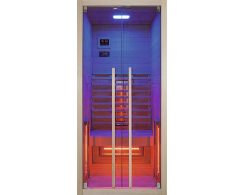 Infrarotsauna mit Glastür und Holzsitzen
