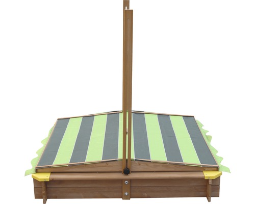 Sandkasten mit Streifenmuster-Abdeckung und Holzrahmen