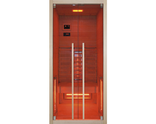 Infrarotsauna mit Glastür und Holzinnenausstattung.