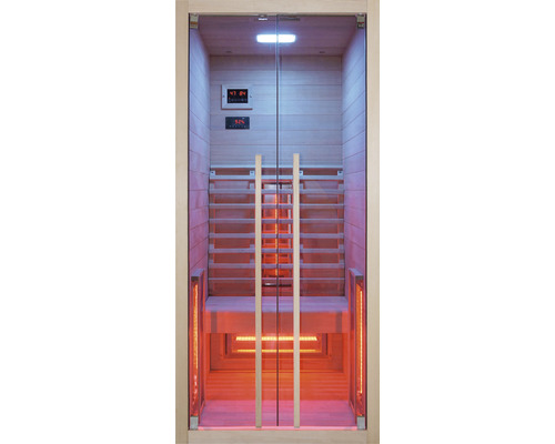 Infrarotsauna mit Glastür und Holzverkleidung.