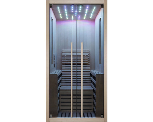 Sauna mit Glastür und Innenbeleuchtung