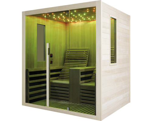 Innenraumsauna mit Glasfront und Holzbänken