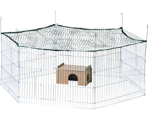 Freilaufgehege mit Netz und Holzhaus für Kleintiere