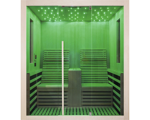 Sauna mit Holzbänken und Glasfront