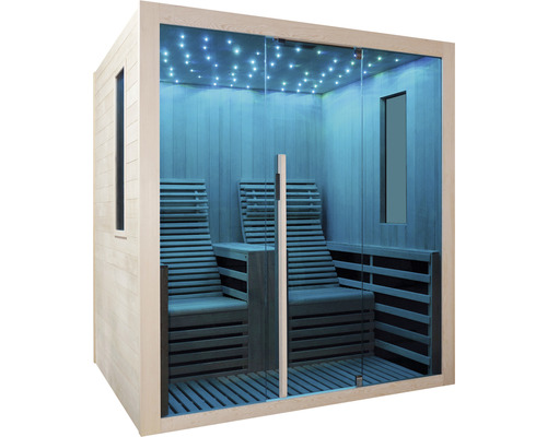 Sauna mit Glasfront, Holzbänken und Sternenhimmel