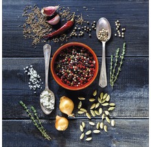 Arrangement mit Gewürzen wie Pfeffer, Kümmel, Knoblauch, Chili und Zwiebeln auf Holzgrund