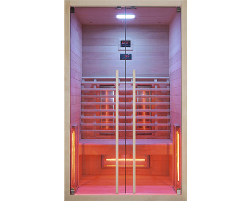 Infrarotsauna mit Glastür und Holzbänken