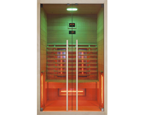 Infrarotsauna mit Glastür, Holzsitzen und digitalen Anzeigen