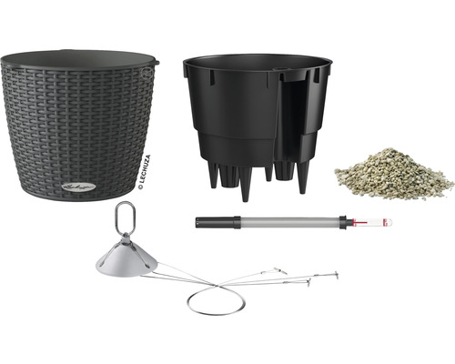 Komponenten für Lechuza Pflanzgefäße: Pflanzgefäß, Innentopf, Substrat, Wasserstandsanzeiger, Aufhängung