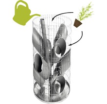 Pflanzsäule aus Metallgitter mit Pflanztaschen und Illustrationen zur Bewässerung und Bepflanzung