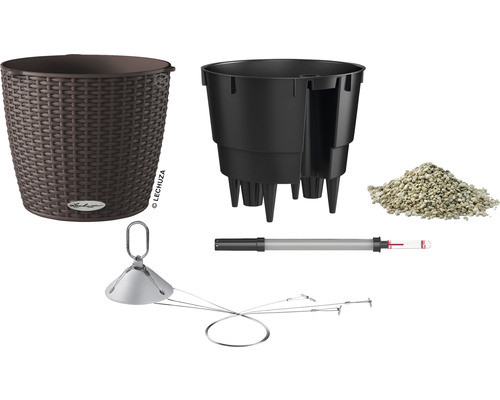 Pflanzgefäß mit Einsatz, Substrat, Wasserstandsanzeiger und Aufhängung