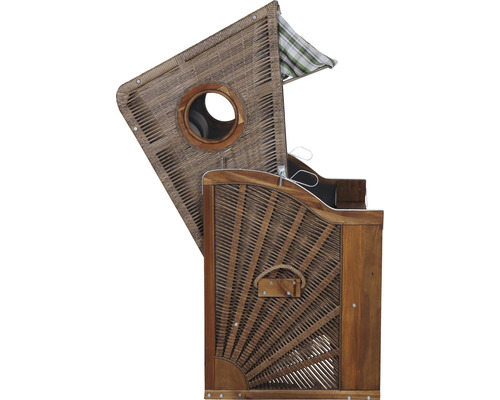 Strandkorb aus Holz und Rattan mit Bullauge und Markise