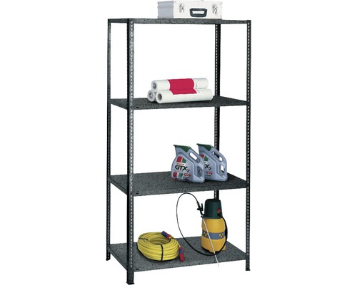 Schraubregal Schulte grau 1000x2000x500 mm 4 Böden Regal mit vier Ebenen, beladen mit Gegenständen wie Werkzeugkasten, Papierrollen, Ölkanistern, Gartenschlauch und Drucksprüher