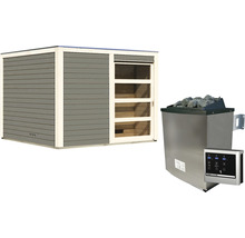 Saunahaus Karibu Zirkon 1 inkl.9 kW Ofen u.ext.Steuerung mit Vorraum und Holztüre mit Klarglas terragrau/weiß-thumb-2