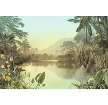 Illustration einer üppigen tropischen Landschaft mit See, Palmen und Bergen