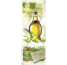 Dekoratives Wandbild mit Olivenölflasche und Olivenzweig