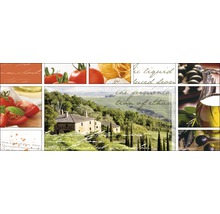 Dekorfliese mit Motiven von Tomaten, Nudeln, Oliven und einer italienischen Landschaft