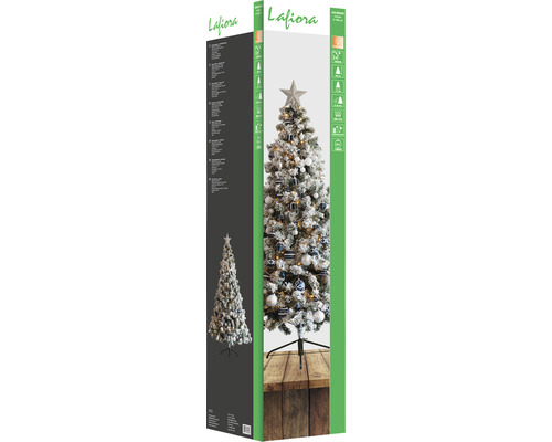 Verpackung eines künstlichen, schneebedeckten Weihnachtsbaums von Lafiora mit Stern, Kugeln und Geschenkboxen