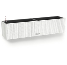 Weißer Pflanzkasten im Rattan-Design mit Bewässerungssystem und Füllstandsanzeige.