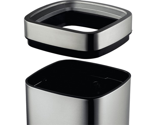 Detailansicht eines rechteckigen Abfalleimers aus Edelstahl mit einem schwarzen Kunststoffinnenleben.