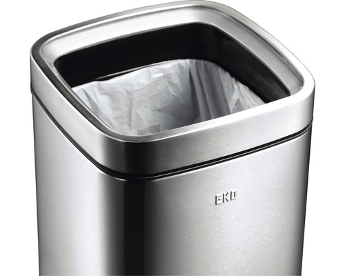 Detailaufnahme eines EKO-Abfalleimers aus Edelstahl mit eingesetztem Müllbeutel