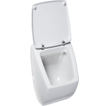 Weißes Wand-Tiefspül-WC mit offenem Spülrand und hochgeklapptem WC-Sitz
