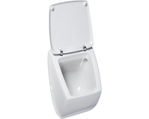 Weißes Wand-Tiefspül-WC mit offenem Spülrand und hochgeklapptem WC-Sitz