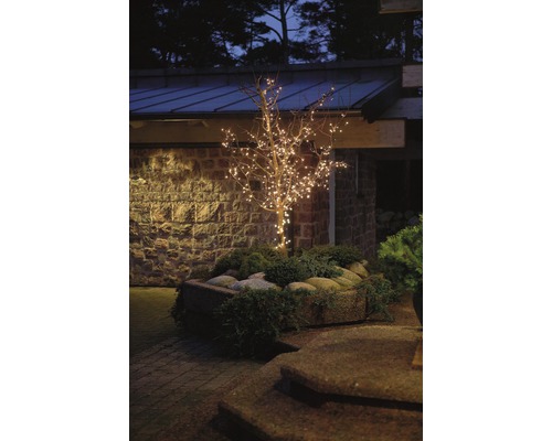 Micro LED Lichterkette Konstsmide 3,95 m + 5 m Zuleitung 80 LEDs warmweiß Außenbereich mit beleuchtetem Baum und Steinmauer